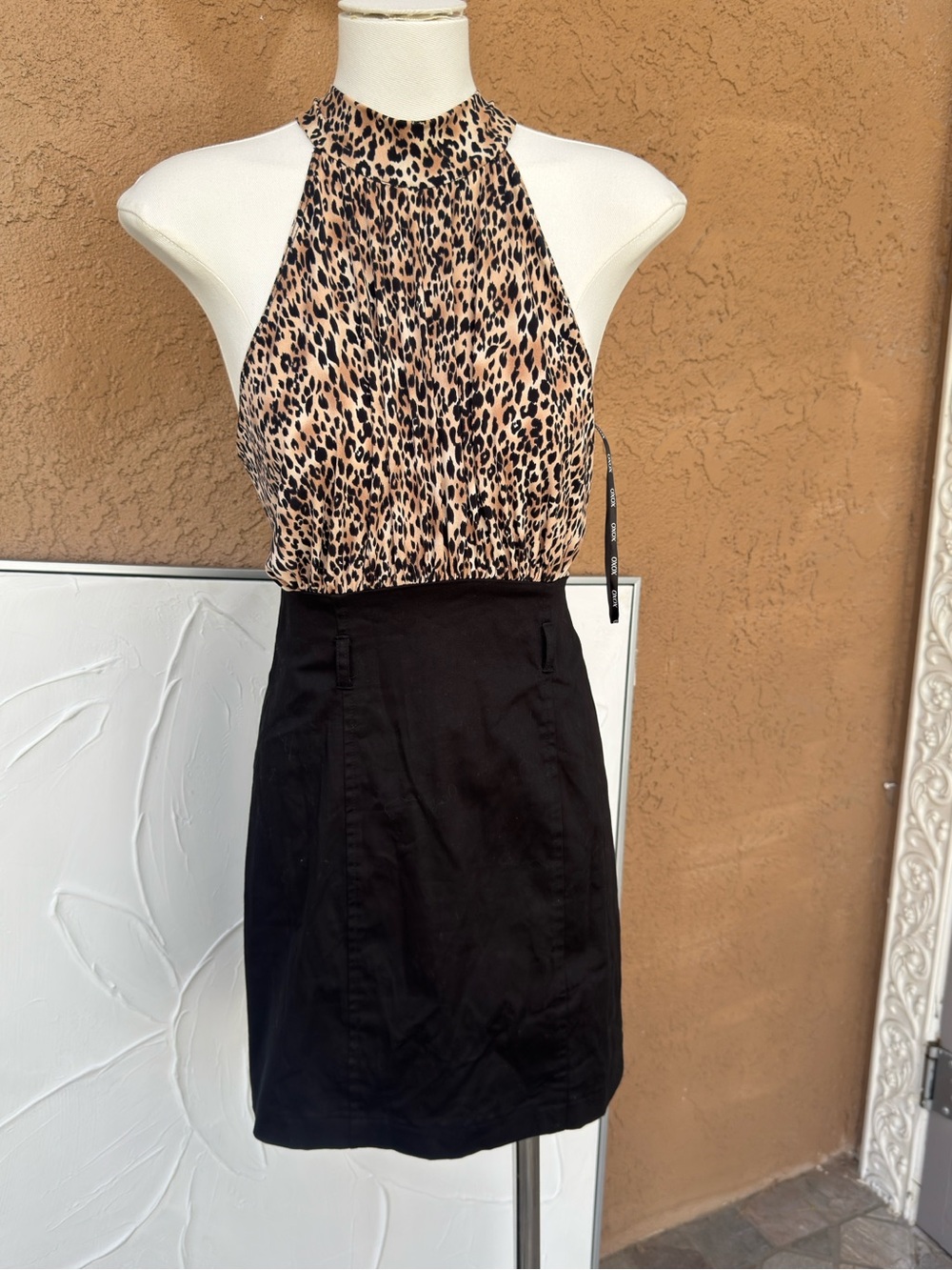 XOXO Leopard Halter Bodice with Black Skirt Midi Dress
